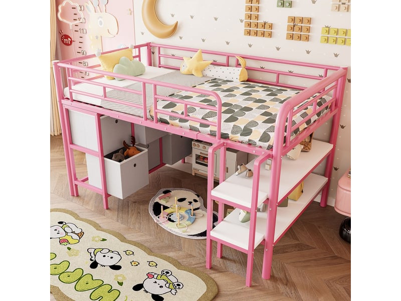  Lit mezzanine enfant 90x200 cm tiroirs et étagères - lit mezzanine - métal rose avec marches larges et coins arrondis  - Conforama B