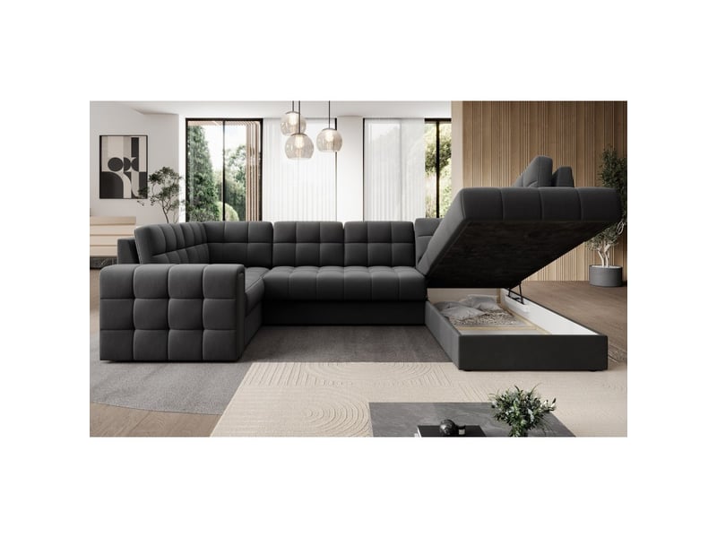  Canapé d'angle convertible monteza gris foncé 299 cm avec coffre et couchage  - Conforama D