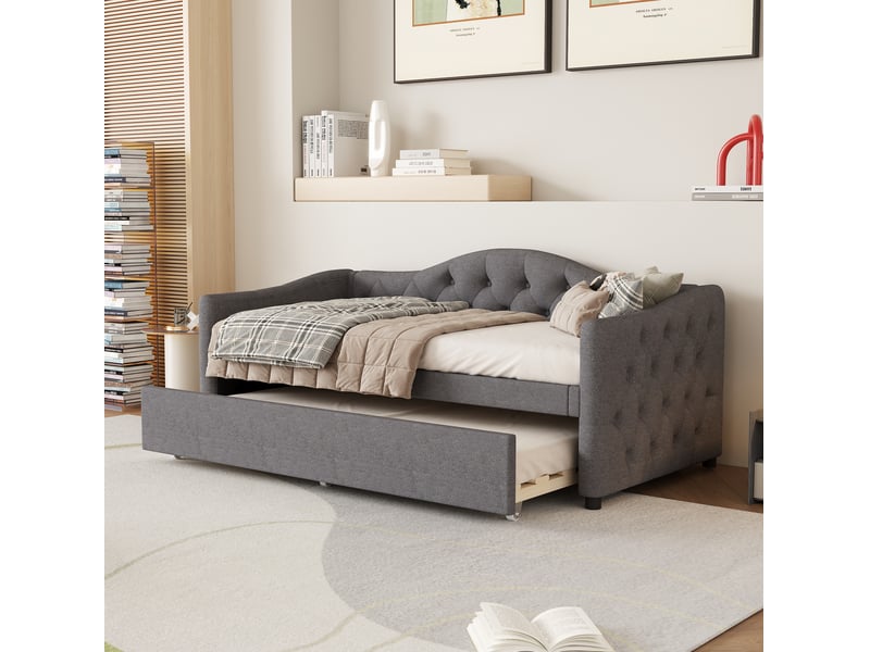 Lit banquette 90x200 cm en lin gris avec lit gigogne coulissant - Conforama B