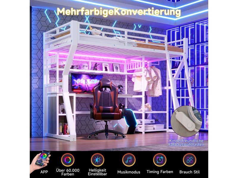  Lit surélevé 90 x 200 cm, structure métallique, bandeau led, prise, coin bureau, rangements, sans matelas, blanc  - Conforama E