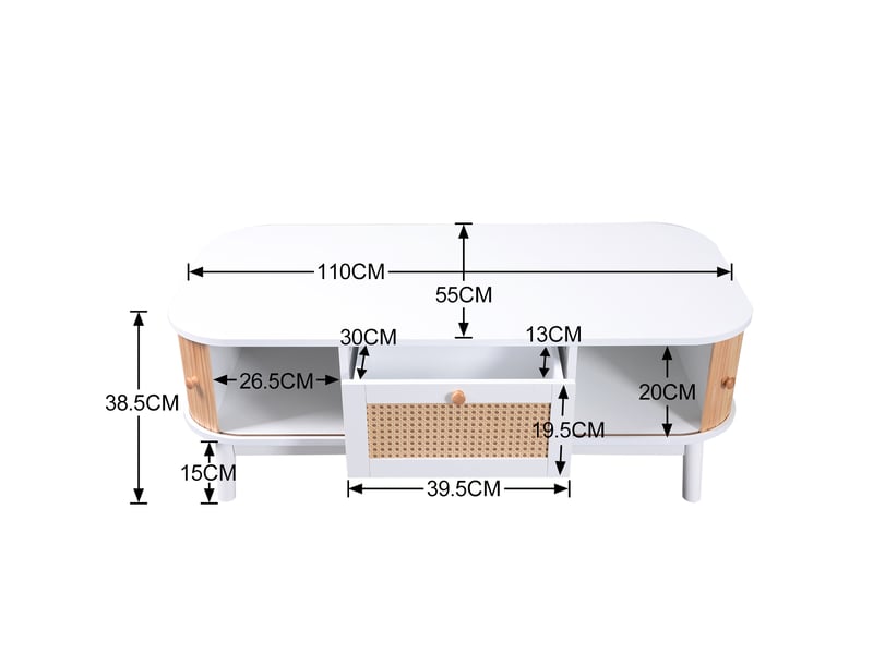  Table basse avec 2 tiroirs et portes coulissantes, rangement, style naturel, pour salon, 110 × 55 × 38,5 cm  - Conforama D