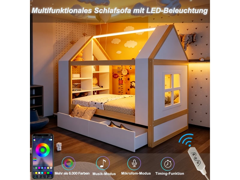  Lit cabane 90x200 cm, lit enfant, 2 tiroirs, led, bois naturel et blanc, forme maison  - Conforama W