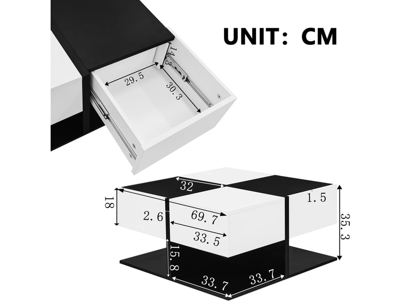  Table basse 70x70x35,5 cm avec 2 tiroirs brillante panneau de particules noir et blanc  - Conforama C