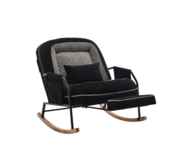Fauteuil à bascule avec dossier inclinable, repose-pieds coulissant, poches latérales en tissu effet fourrure noir et gris - Conforama A