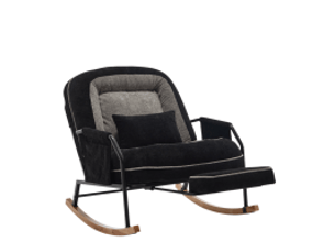 Fauteuil à bascule avec dossier inclinable, repose-pieds coulissant, poches latérales en tissu effet fourrure noir et gris