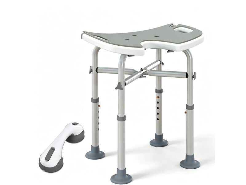 Tabouret de douche réglable gris 39–51,5 cm en aluminium avec ventouses et barre d'appui pour salle de bains - Conforama A