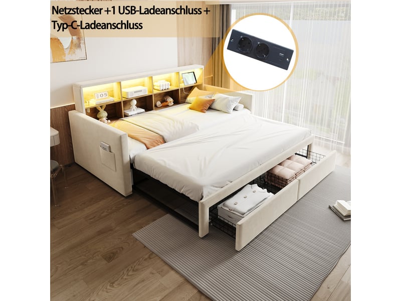 Lit gigogne,90/180x190 cm,tête rangement,led,usb type-c,tiroirs,velours,beige - Conforama E