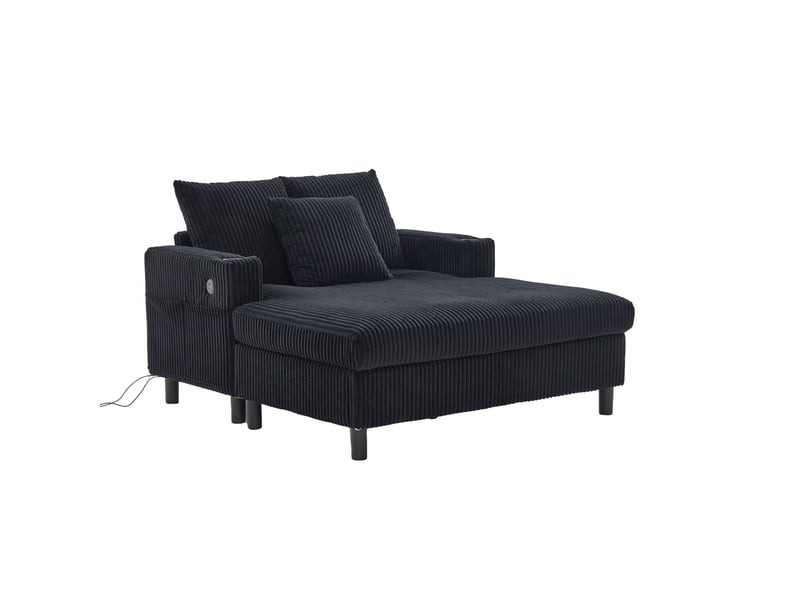  Méridienne avec ports usb, éclairage led et porte-gobelets, design ergonomique en velours côtelé noir  - Conforama A