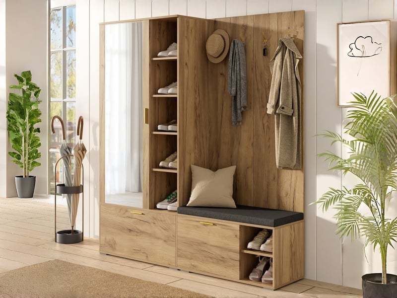  Vestiaire mural, portes pliantes, tringle extensible, miroir et banc à chaussures, 4 crochets, 125×36×190 cm, couleur bois N657P50643567N - Conforama B