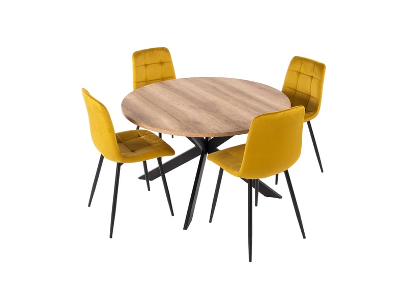  Ensemble table ronde naturel + 4 chaises en velours moutarde - dialo  - Conforama C