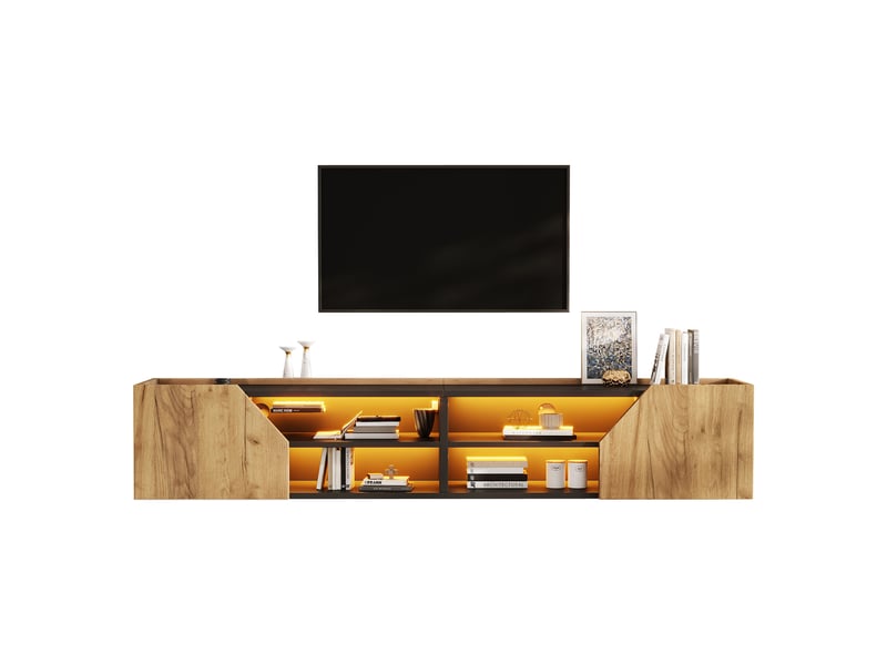  Meuble tv mural 180x36.5x40 cm - éclairage led contrôlable par application - mdf et panneaux de particules - noir et bois naturel CozyNest - Conforama A