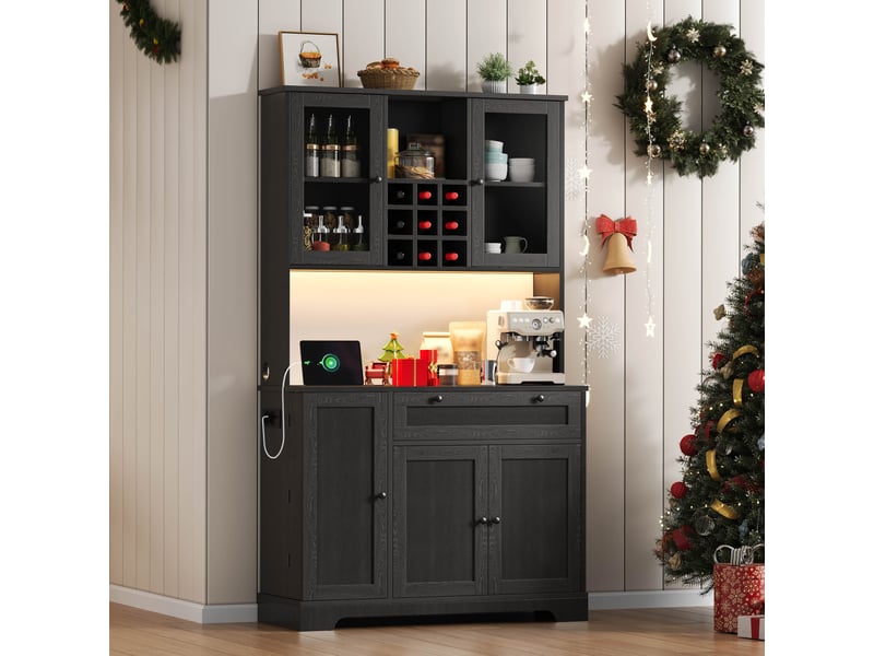  Meuble de cuisine muvano noir avec éclairage multicolore, prise électrique et rangement 105 × 40 × 180 cm  - Conforama C