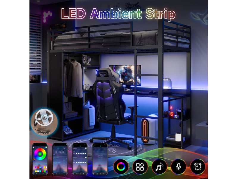  Lit mezzanine 90 × 200 cm 1 place avec bureau, étagères, led réglable et dressing ouvert, sans matelas  - Conforama E