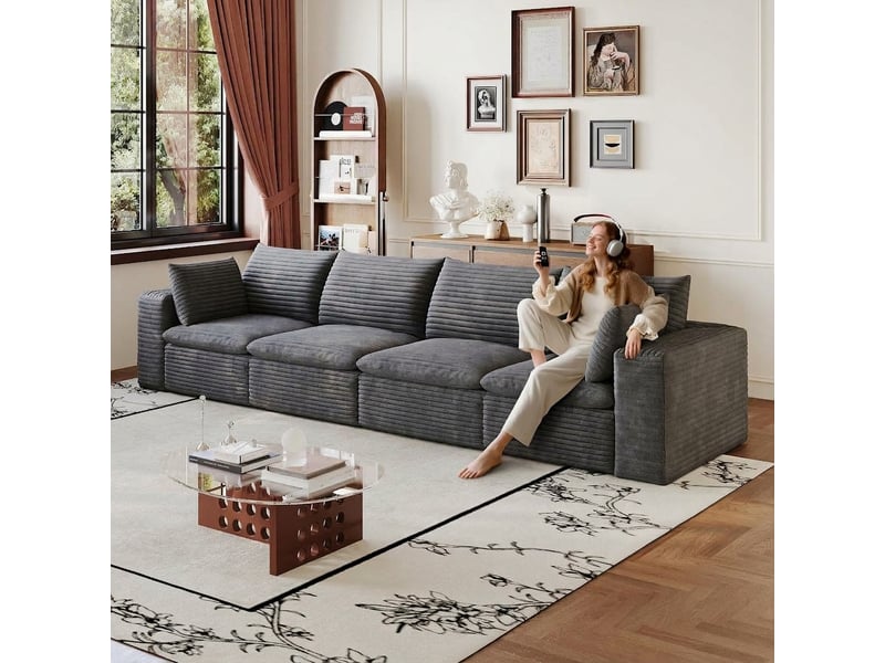  Canapé nuage 4 places modulable 340 cm en velours côtelé gris foncé  - Conforama C