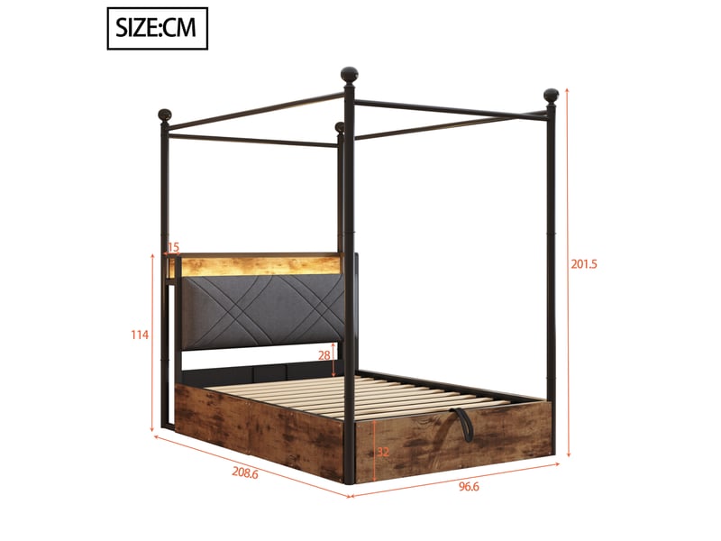  Lit simple en métal 90*190 cm avec coffre hydraulique, baldaquin, led et usb type-c, noir  - Conforama B