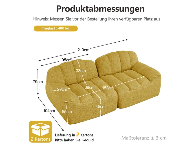 Canapé 2 places modulaire 210x104x79 cm, sans montage, polaire granuleux, assise profonde, tissu, jaune - Conforama C