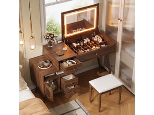 Coiffeuse bureau 120x50x77cm - led miroir pliant plateau extensible tabouret - bambou - marron