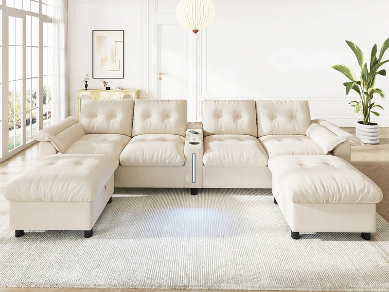  Canapé d'angle modulable,6 places, avec porte-gobelets, usbtype-c et led,312 x 142 x 82cm,beige  - Conforama B