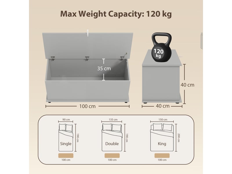  Coffre de rangement, banc de rangement avec couvercle rabattable et charnières de sécurité, gris, 100 x 40 x 40 cm  - Conforama C