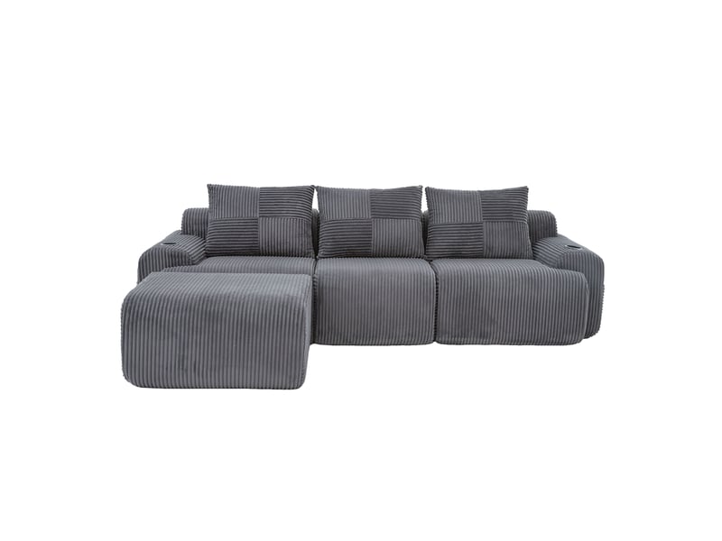  Canapé modulable 3 places 268x174x80 cm, velours côtelé gris foncé, modules configurables, poche latérale, porte-gobelet  - Conforama A
