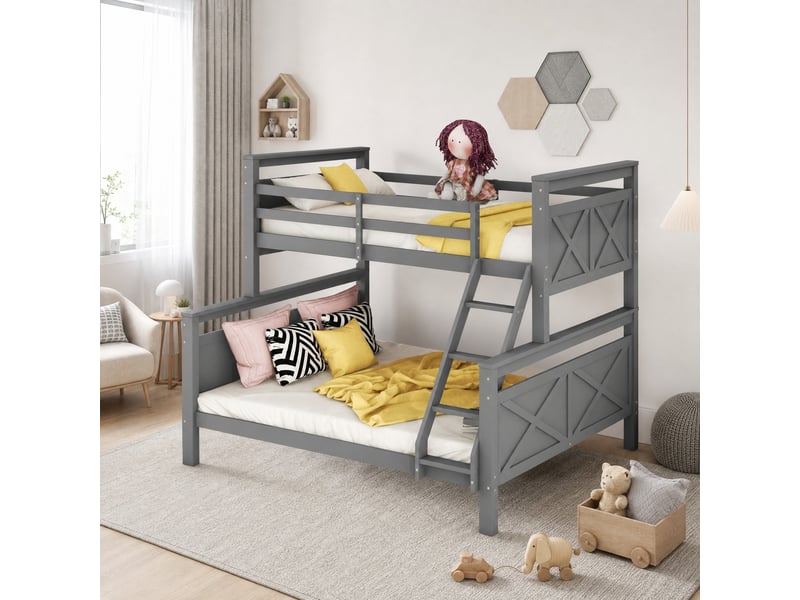 Lit superposé 3 places 90×200 cm et 140×200 cm avec barrière - convertible en 2 lits, sans matelas, pin gris - Conforama B