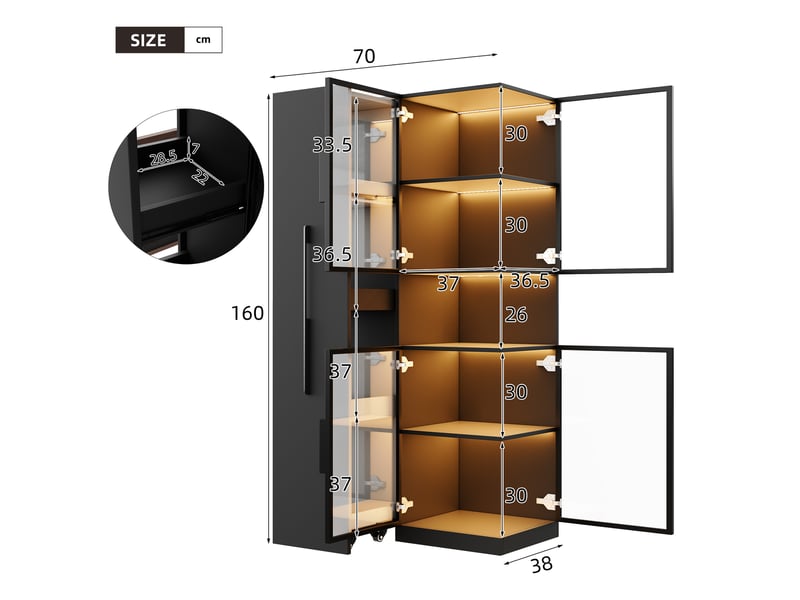  Vitrine en Verre 70x38x160 cm avec Étagère Coulissante, Double Porte Vitrée LED, Bibliothèque et Rangement - Noir Fay Lum - Conforama C