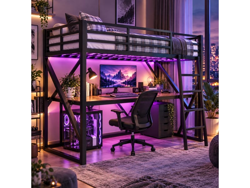 Lit mezzanine enfant 90 x 200 cm en métal avec bureau, éclairage led, échelle et garde-corps, gain de place, noir - Conforama B