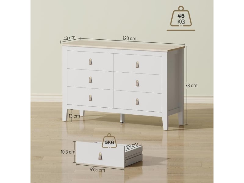  Commode 6 tiroirs meuble de rangement style contemporain avec poignées en polyuréthane, 120 x 40 x 78 cm, blanc  - Conforama C
