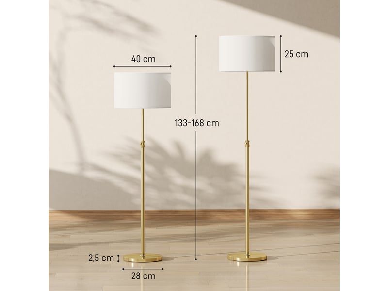  Lampadaire avec télécommande, hauteur réglable, abat-jour en tissu, pied en métal, luminosité réglable, interrupteur au pied, couleur or  - Conforama E