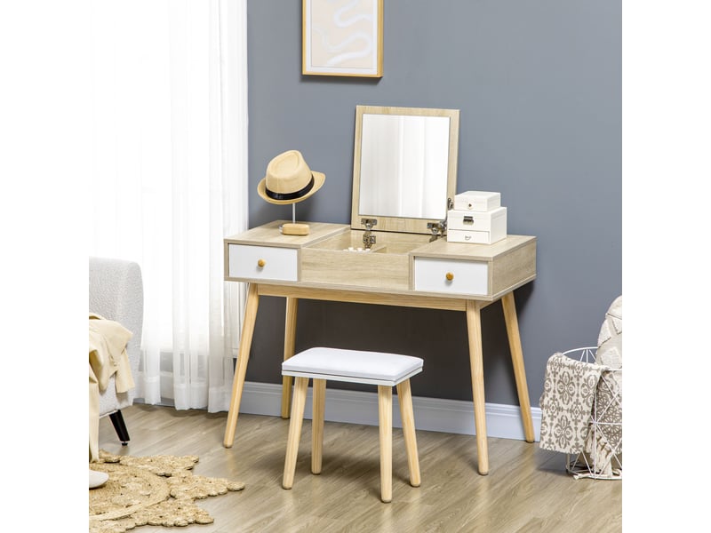  Coiffeuse moderne avec miroir coulissant, rangement pour bijoux, 2 tiroirs et tabouret, couleur bois  - Conforama D