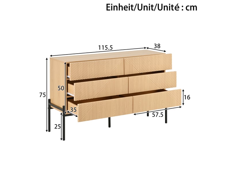  Commode buffet 115,5x38x75 cm, bahut effet bois avec 6 tiroirs, relief géométrique 3d, pieds métal, salon chambre - naturel  - Conforama C