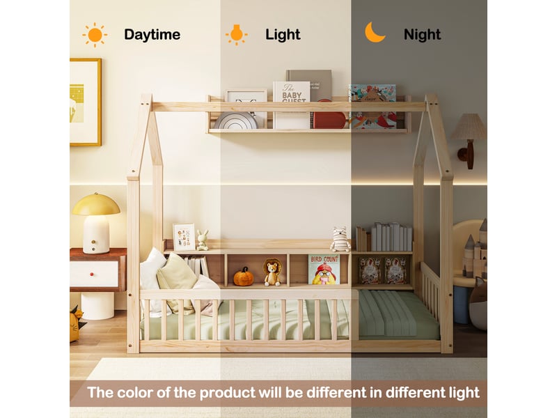  Lit cabane enfant 90 × 200 cm en bois de pin avec barrières de sécurité, étagères de rangement intégrées et cadre maison - naturel  - Conforama E