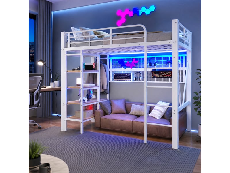  Lit mezzanine 1 place en métal et mdf avec led, étagère, filet et étendoir, 200x90 cm, sans matelas, blanc  - Conforama C