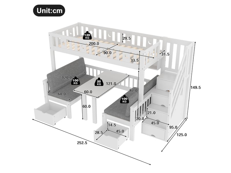 Lit mezzanine multifonction 90x200 cm avec bureau pliant blanc  - Conforama C