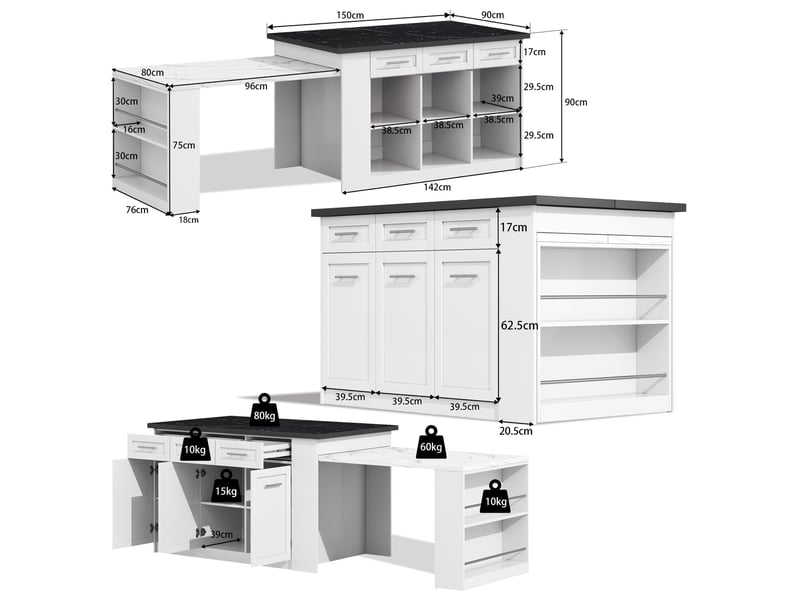 Îlot de cuisine fixe avec table extensible 150 x 90 cm, rangements en mdf blanc marbré  - Conforama C
