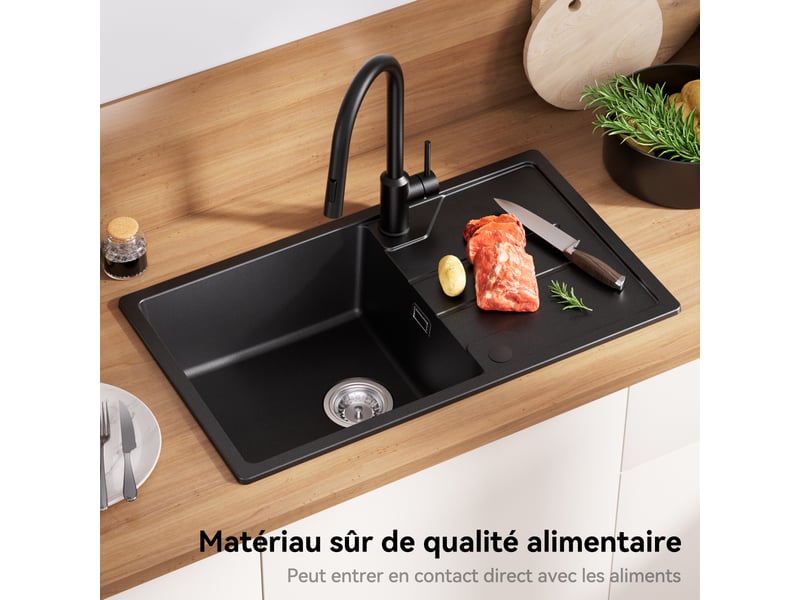  Derw max évier en granit pour cuisine 78x45 cm - évier simple - évier sous-plan anthracite - avec égouttoir et système d’évacuation - pour meuble de 60 cm  - Conforama B
