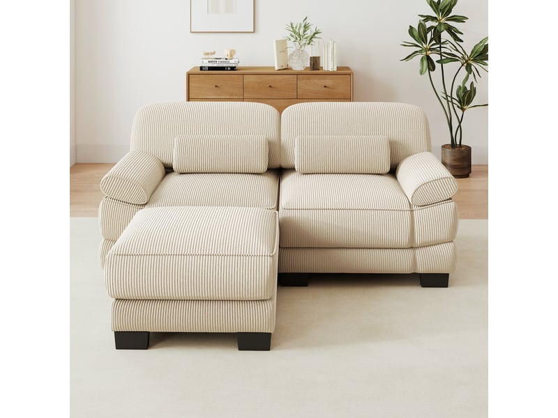 Canapé d'angle modulable - 2 places - forme l - 1 ottoman - coussins lombaires - velours côtelé - mobilier de salon - beige CozyNest - Conforama C