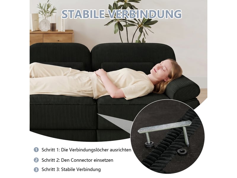 Canapé modulable 2 places en velours côtelé noir, avec 2 poufs, assise profonde, coussin lombaire, 194×161×94 cm - Conforama R