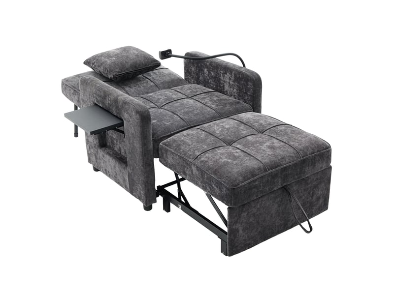 Fauteuil-lit 2-en-1 gris en chenille avec coussin, tablette et rangements - Conforama D