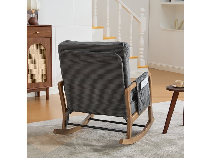  Fauteuil à bascule 70x80x92 cm, dossier réglable, gris, revêtement en velours côtelé, repose-pieds, fauteuil relaxation, poche latérale  - Conforama E