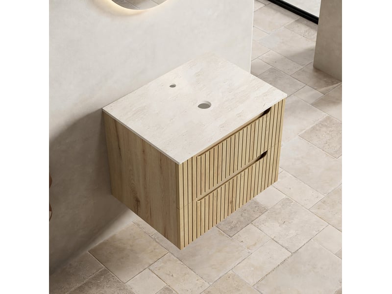  Meuble sous vasque de salle de bain sans lavabo, plateau en pierre frittée effet travertin, en contreplaqué, chêne clair  - Conforama C