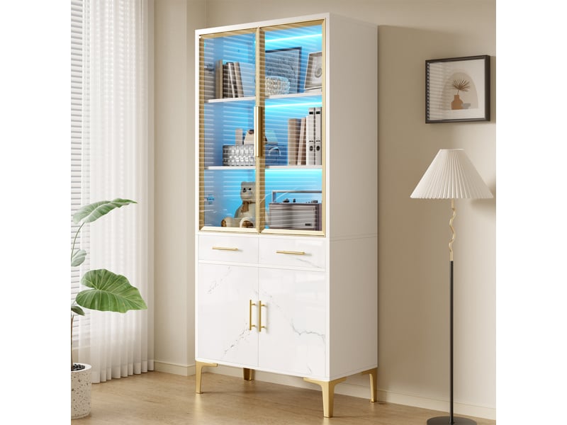  Vitrine haut de gamme blanc marbré - grand meuble de rangement salon avec éclairage led et tiroirs  - Conforama E