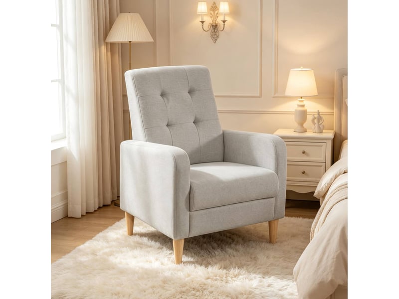  Fauteuil lounge avec dossier haut et accoudoirs, style nordique pour salon et chambre en lin, bois et mousse gris clair  - Conforama B