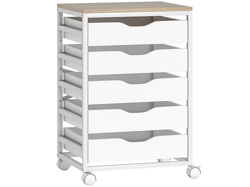  Caisson bureau mobile, meuble rangement sur roulettes bois avec 5 tiroirs, poignées encochées, 50 x 40 x 74,5 cm , blanc  - Conforama B