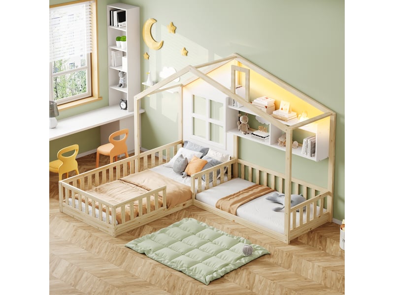  Lit enfant en bois massif et mdf naturel et blanc 90x200 cm  - Conforama D
