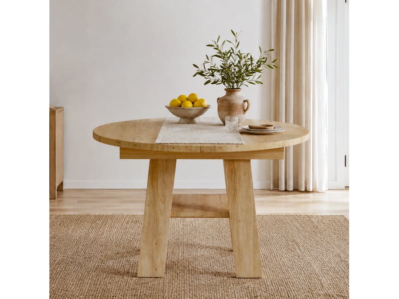  Table à manger extensible 110150x110 cm, 4 à 6 personnes, avec rangement et plateau, mdf, couleur chêne, table ronde  - Conforama E