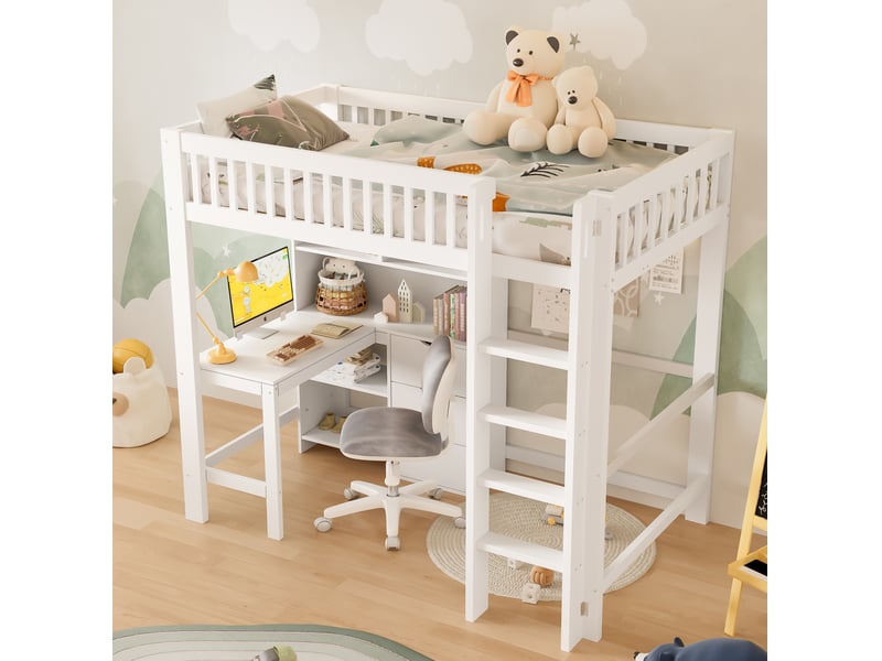 Lit mezzanine enfant 90x200 cm avec bureau, rangements, 3 tiroirs et échelle blanc - Conforama D