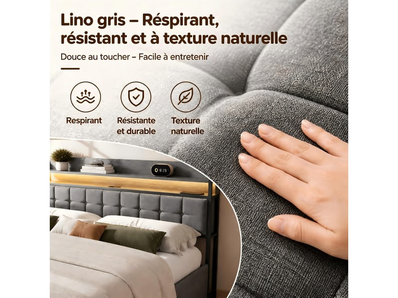  Kefsr lit coffre 140x190 cm, lit double adulte en tissu lin gris avec tête de lit rangement, led rgb connectée, prises usbtype-c et sommier relevable  - Conforama E