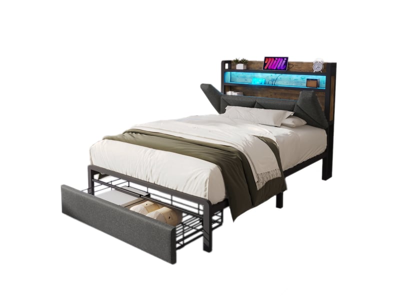 Lit simple rembourré 90x200 cm avec led, usb-c, rangement tête de lit et tiroirs, gris - Conforama E