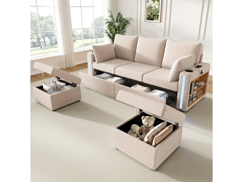  Canapé d'angle modulable en u ou l, velours côtelé beige 5 places, avec 2 poufs de rangement et éclairage led, pour salon moderne  - Conforama B